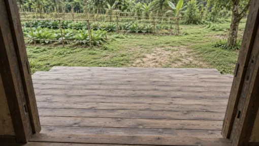 Hiên gỗ SG3 – nhìn từ trong nhà ra, mặt hiên trước cửa và vườn rau phía xa