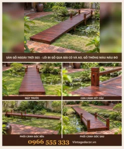 Sàn gỗ ngoài trời SG5 lối đi qua bãi cỏ – ảnh ghép mặt trước, kết cấu, góc bên, góc sau