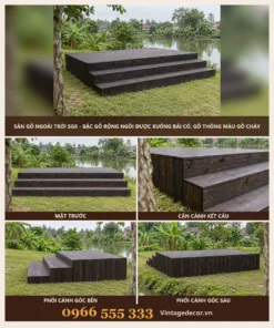 Sàn gỗ ngoài trời SG8 bậc rộng xuống bãi cỏ – ảnh ghép mặt trước, kết cấu, góc bên, góc sau