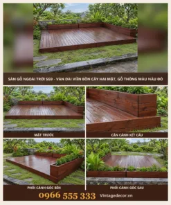 Sàn gỗ ngoài trời SG9 ván dài viền bồn cây – ảnh ghép mặt trước, kết cấu, góc bên, góc sau