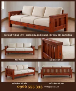 Sofa gỗ NT15 ba chỗ nệm rời – ảnh ghép mặt trước, cận tay vịn, góc bên, góc sau
