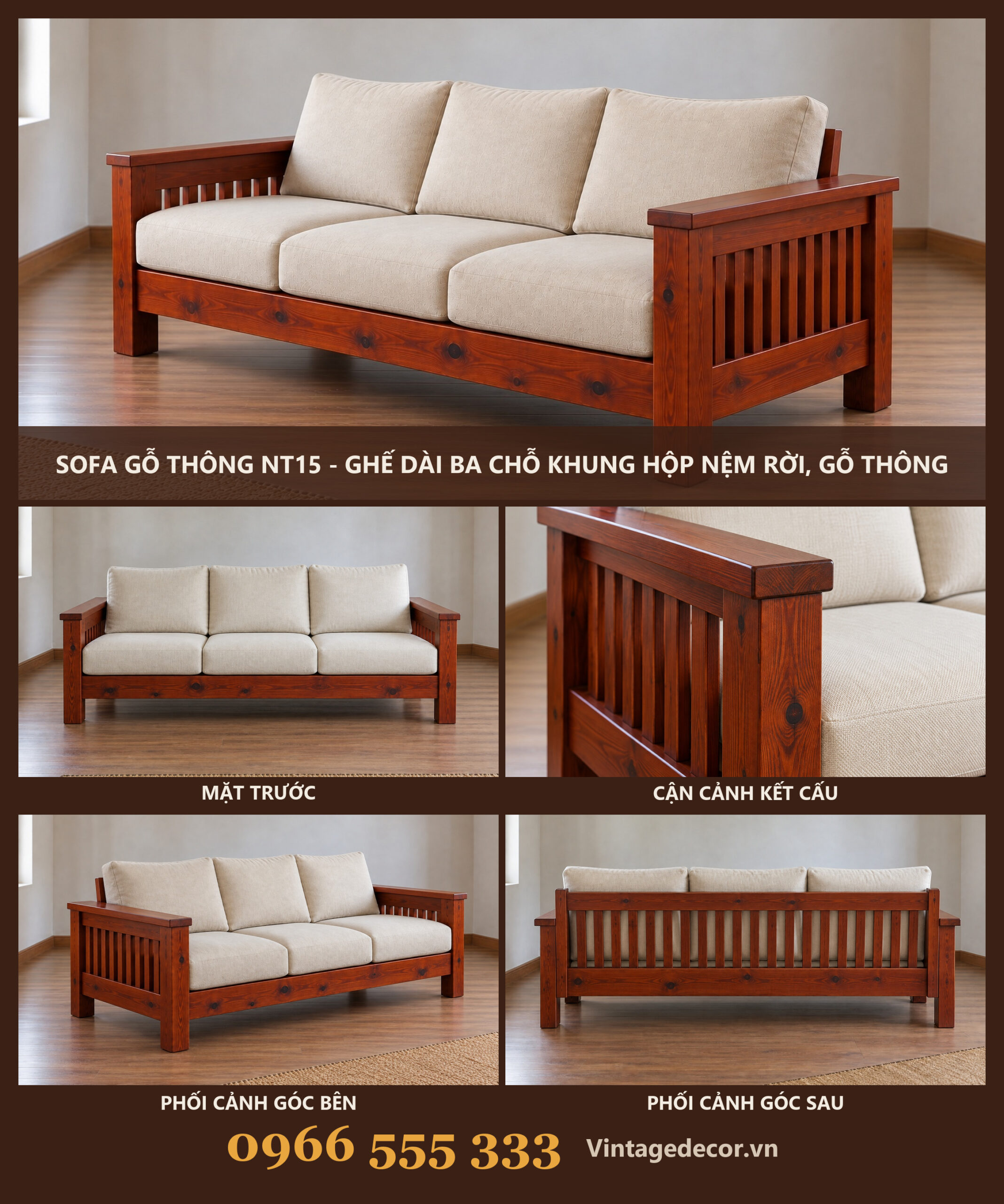 Sofa Gỗ Thông NT15 - Ghế Dài Ba Chỗ Khung Hộp Nệm Rời, Gỗ Thông Sofa Gỗ Thông NT15 - Ghế Dài Ba Chỗ Khung Hộp Nệm Rời, Gỗ Thông