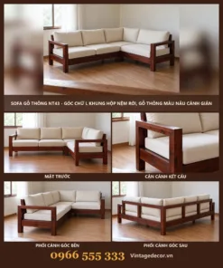 Sofa gỗ NT43 góc chữ L nệm rời – ảnh ghép mặt trước, cận tay vịn, góc bên, góc sau