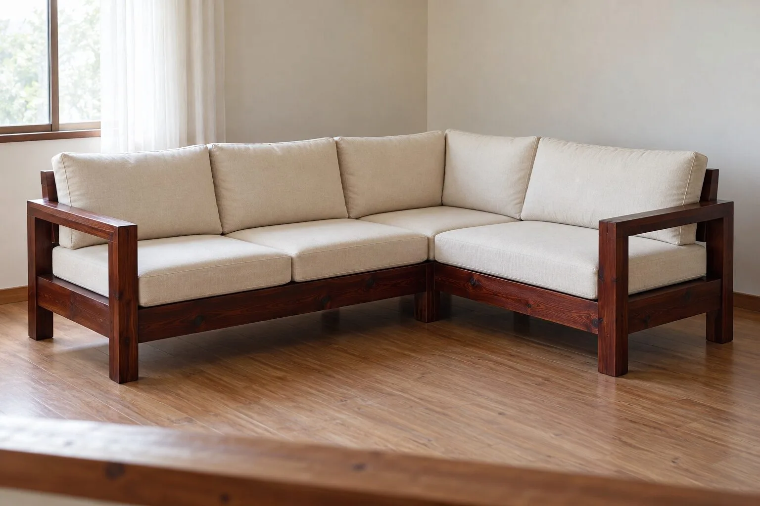 Sofa gỗ góc chữ L khung hộp nâu cánh gián, nệm ngồi và nệm tựa rời màu kem