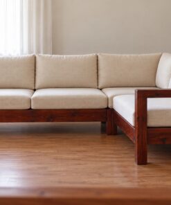 Sofa Gỗ Thông NT43 - Góc Chữ L Khung Hộp Nệm Rời, Gỗ Thông Màu Nâu Cánh Gián