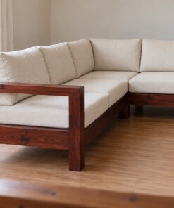 Sofa Gỗ Thông NT43 - Góc Chữ L Khung Hộp Nệm Rời, Gỗ Thông Màu Nâu Cánh Gián