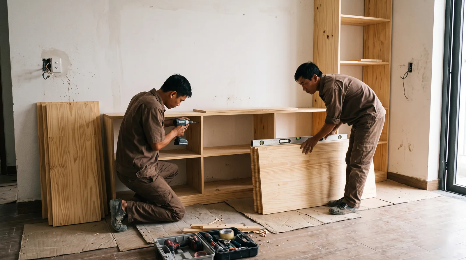 Hai thợ mộc lắp tủ kệ gỗ thông tại nhà, một người bắt vít, một người đặt thước thuỷ lên tấm ván