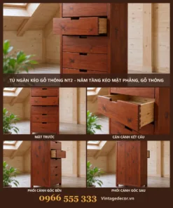 Tủ Ngăn Kéo Gỗ Thông NT2 - Năm Tầng Kéo Mặt Phẳng, Gỗ Thông