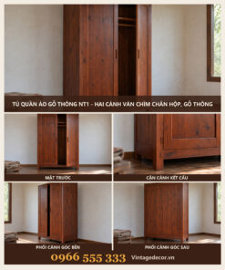 Tủ Quần Áo Gỗ Thông NT1 - Hai Cánh Ván Chìm Chân Hộp, Gỗ Thông