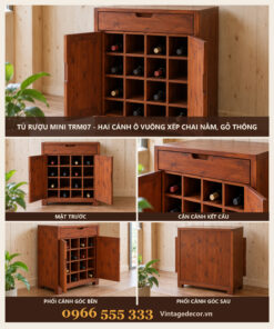 Tủ Rượu Mini TRM07 - Hai Cánh Ô Vuông Xếp Chai Nằm, Gỗ Thông
