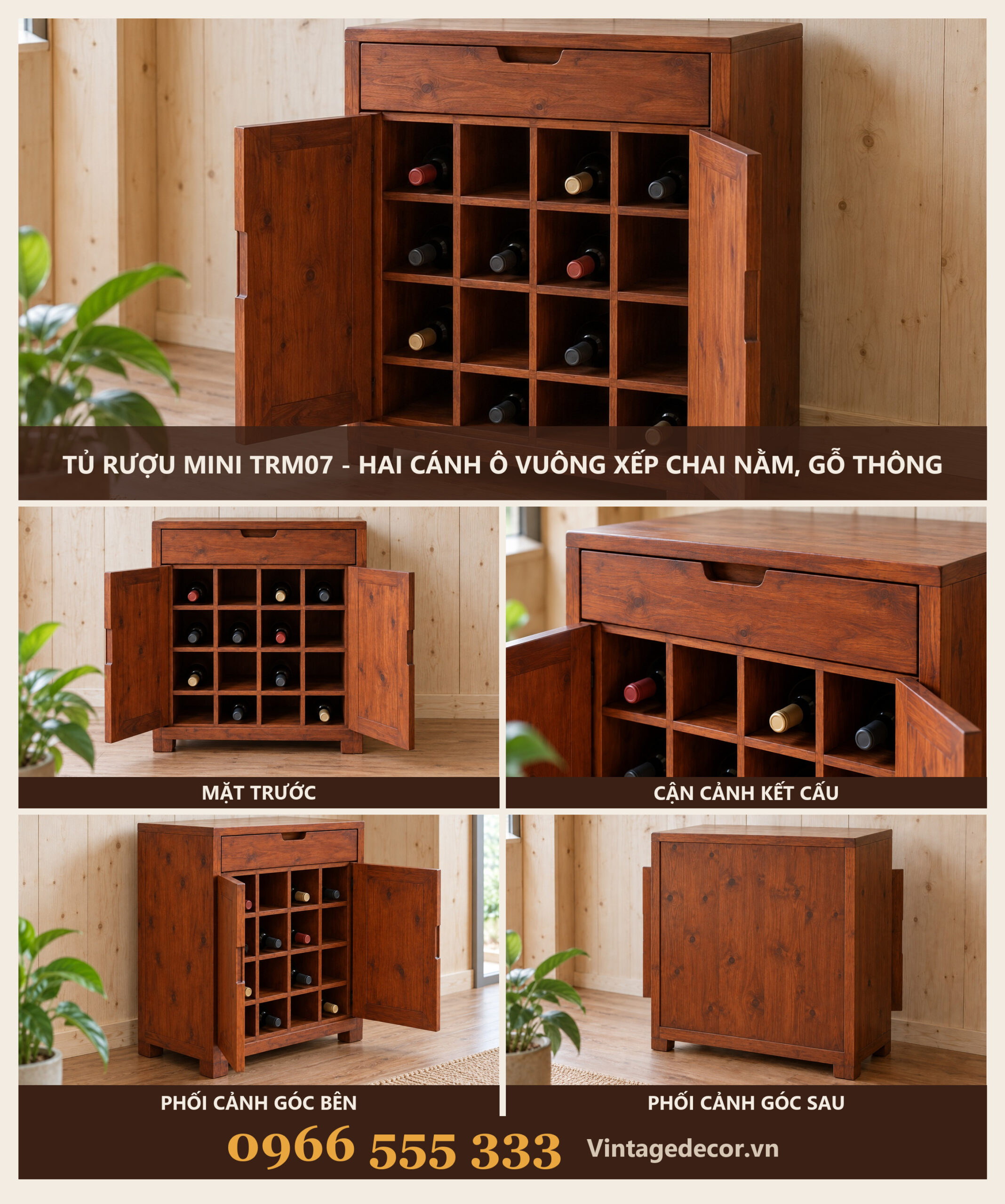 Tủ Rượu Mini TRM07 - Hai Cánh Ô Vuông Xếp Chai Nằm, Gỗ Thông Tủ Rượu Mini TRM07 - Hai Cánh Ô Vuông Xếp Chai Nằm, Gỗ Thông