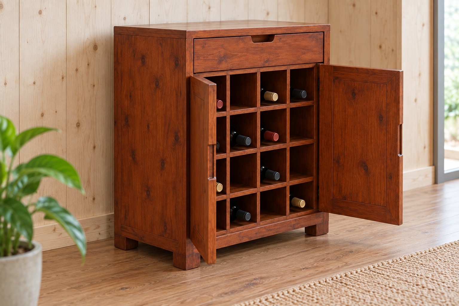 Tủ Rượu Mini TRM07 - Hai Cánh Ô Vuông Xếp Chai Nằm, Gỗ Thông Tủ Rượu Mini TRM07 - Hai Cánh Ô Vuông Xếp Chai Nằm, Gỗ Thông