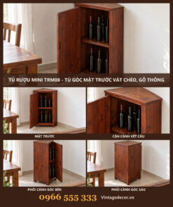 Tủ Rượu Mini TRM08 - Tủ Góc Mặt Trước Vát Chéo, Gỗ Thông