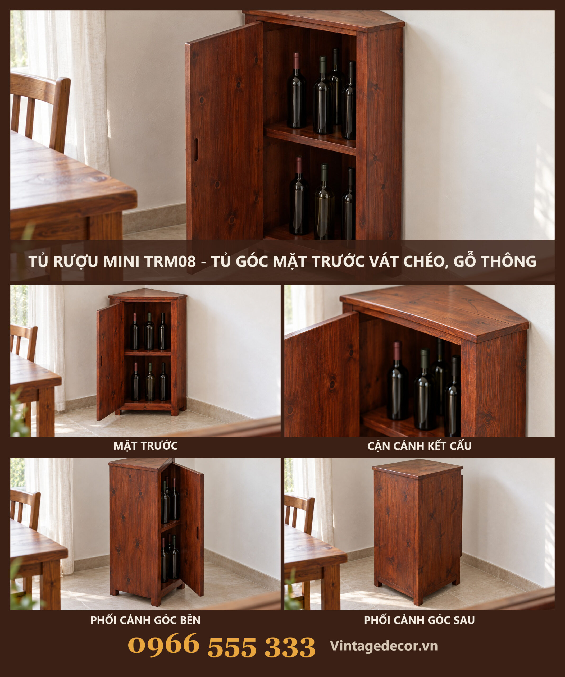 Tủ Rượu Mini TRM08 - Tủ Góc Mặt Trước Vát Chéo, Gỗ Thông Tủ Rượu Mini TRM08 - Tủ Góc Mặt Trước Vát Chéo, Gỗ Thông
