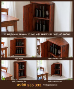 Tủ Rượu Mini TRM08 - Tủ Góc Mặt Trước Vát Chéo, Gỗ Thông