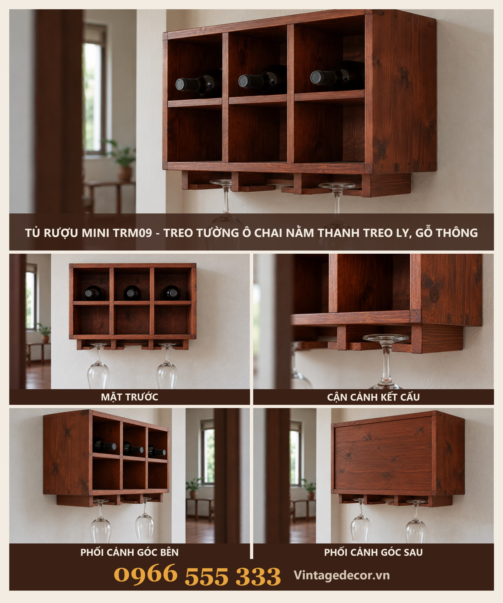 Tủ Rượu Mini TRM09 - Treo Tường Ô Chai Nằm Thanh Treo Ly, Gỗ Thông Tủ Rượu Mini TRM09 - Treo Tường Ô Chai Nằm Thanh Treo Ly, Gỗ Thông