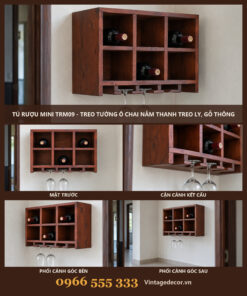 Tủ Rượu Mini TRM09 - Treo Tường Ô Chai Nằm Thanh Treo Ly, Gỗ Thông