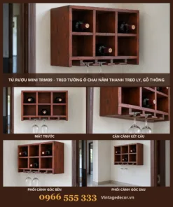 Tủ Rượu Mini TRM09 - Treo Tường Ô Chai Nằm Thanh Treo Ly, Gỗ Thông