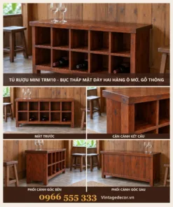 Tủ Rượu Mini TRM10 - Bục Thấp Mặt Dày Hai Hàng Ô Mở, Gỗ Thông