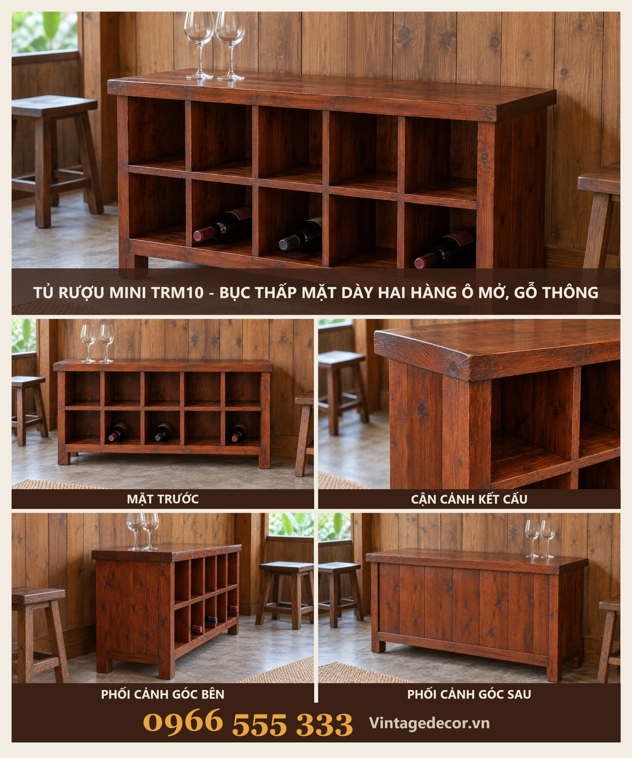 Tủ Rượu Mini TRM10 - Bục Thấp Mặt Dày Hai Hàng Ô Mở, Gỗ Thông Tủ Rượu Mini TRM10 - Bục Thấp Mặt Dày Hai Hàng Ô Mở, Gỗ Thông