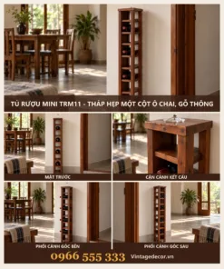 Tủ Rượu Mini TRM11 - Tháp Hẹp Một Cột Ô Chai, Gỗ Thông