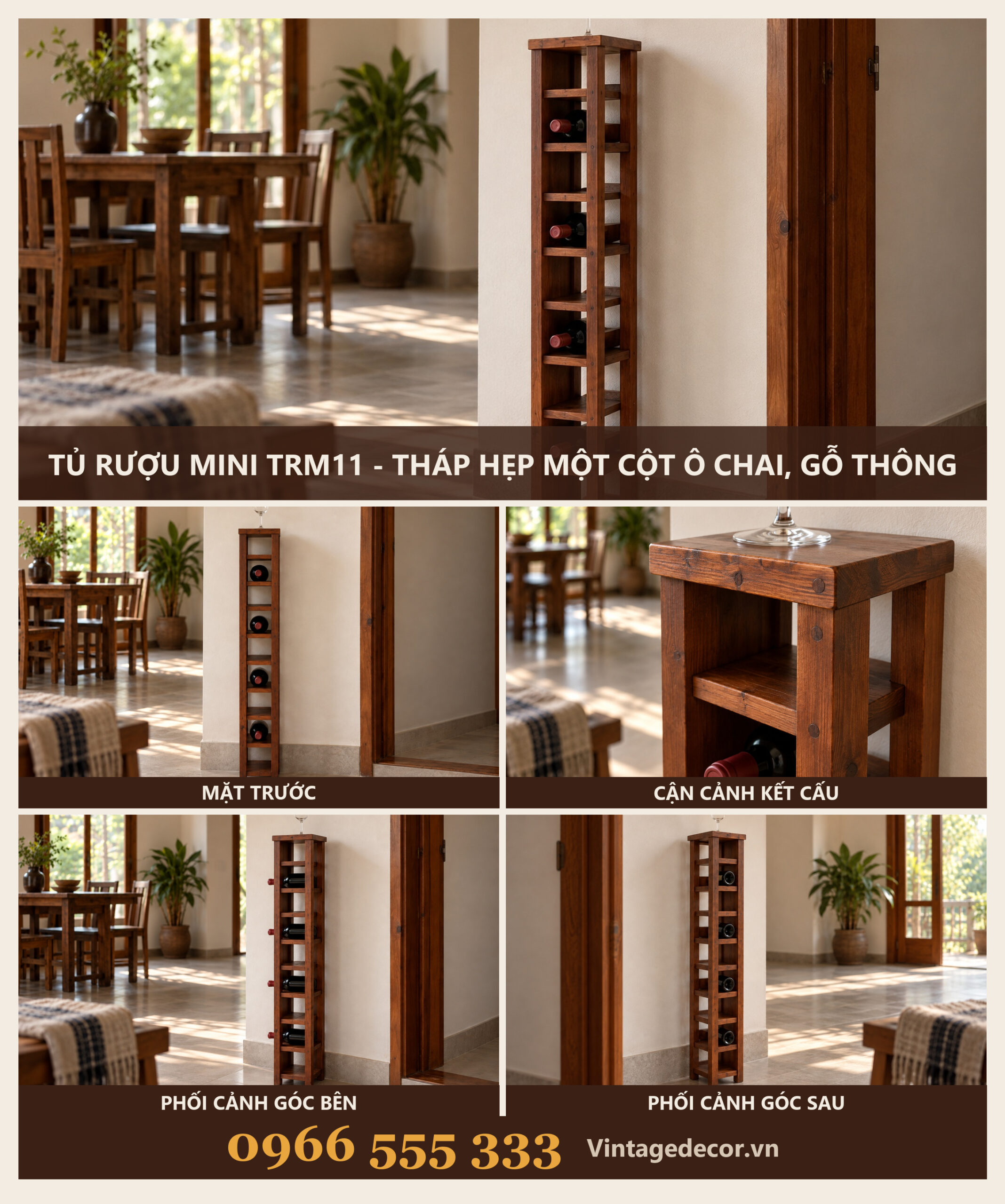 Tủ Rượu Mini TRM11 - Tháp Hẹp Một Cột Ô Chai, Gỗ Thông Tủ Rượu Mini TRM11 - Tháp Hẹp Một Cột Ô Chai, Gỗ Thông