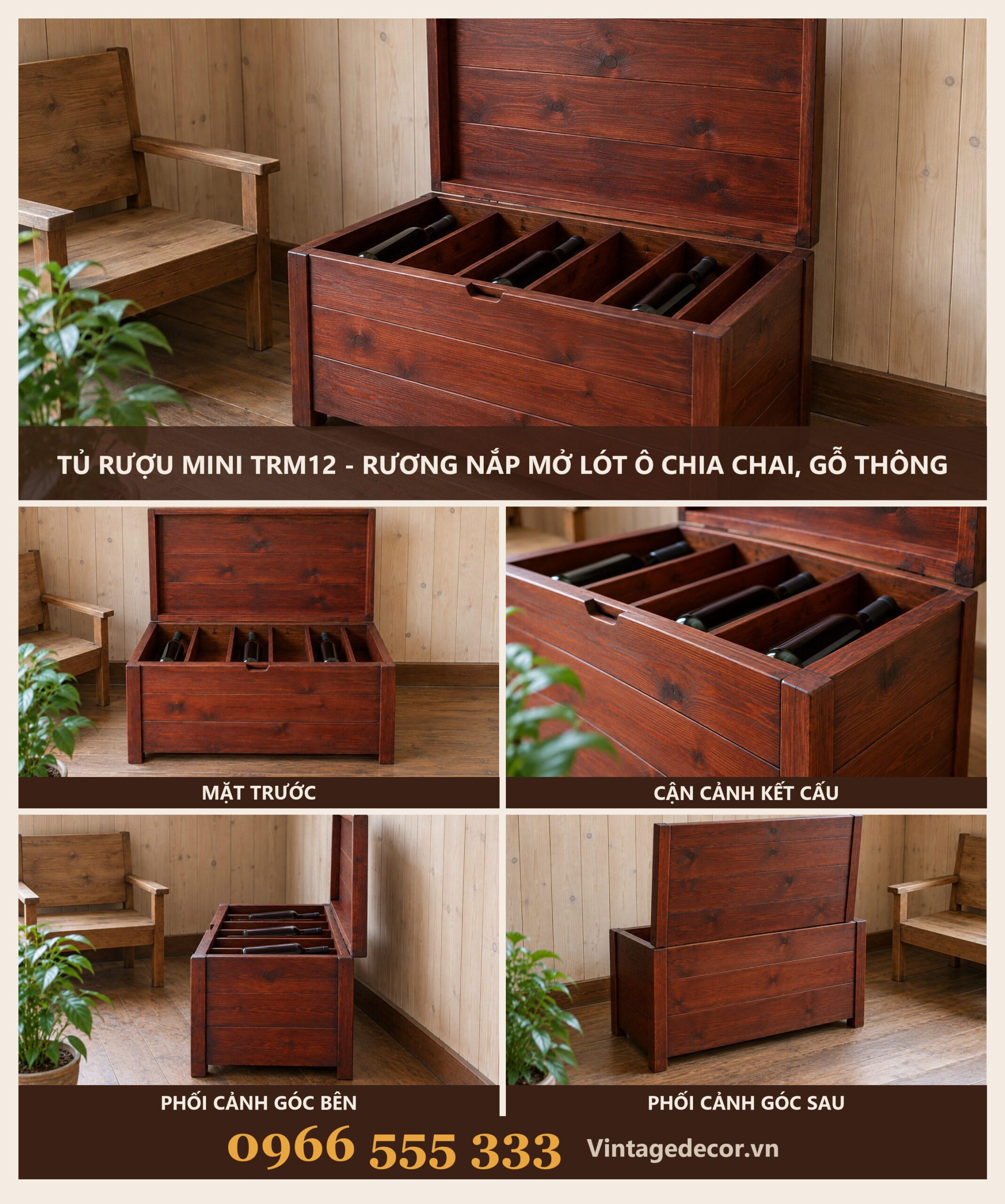 Tủ Rượu Mini TRM12 - Rương Nắp Mở Lót Ô Chia Chai, Gỗ Thông Tủ Rượu Mini TRM12 - Rương Nắp Mở Lót Ô Chia Chai, Gỗ Thông