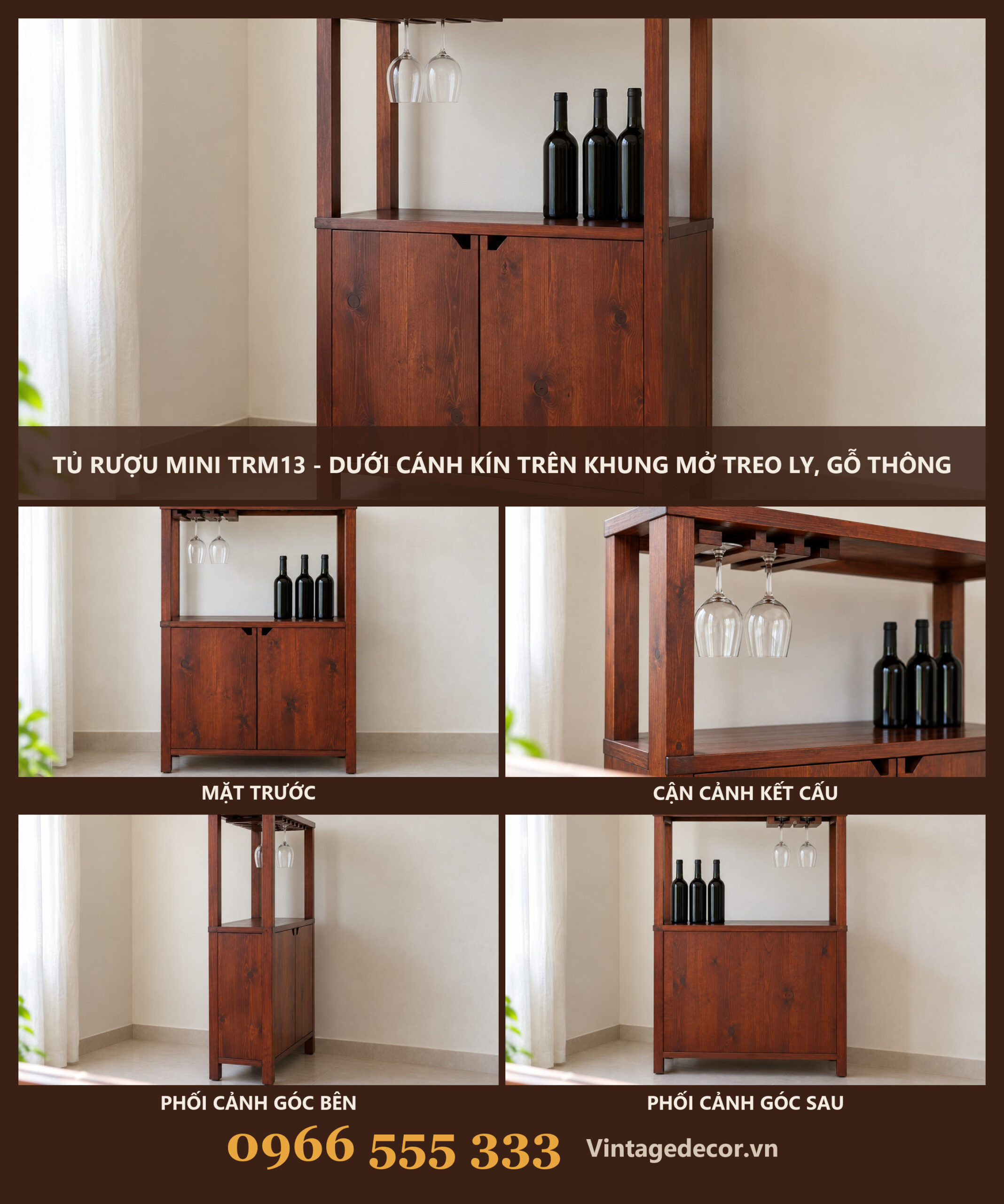 Tủ Rượu Mini TRM13 - Dưới Cánh Kín Trên Khung Mở Treo Ly, Gỗ Thông Tủ Rượu Mini TRM13 - Dưới Cánh Kín Trên Khung Mở Treo Ly, Gỗ Thông