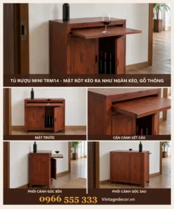 Tủ Rượu Mini TRM14 - Mặt Rót Kéo Ra Như Ngăn Kéo, Gỗ Thông
