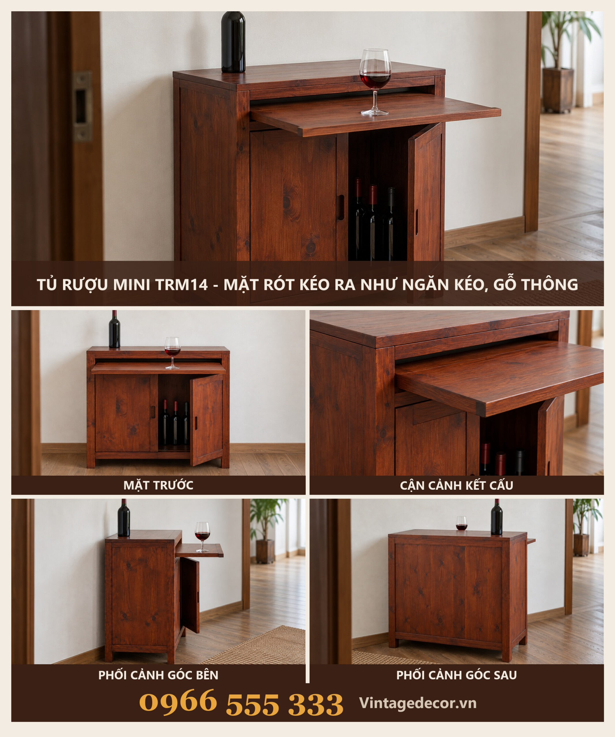 Tủ Rượu Mini TRM14 - Mặt Rót Kéo Ra Như Ngăn Kéo, Gỗ Thông Tủ Rượu Mini TRM14 - Mặt Rót Kéo Ra Như Ngăn Kéo, Gỗ Thông