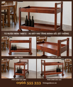 Tủ Rượu Mini TRM15 - Xe Đẩy Hai Tầng Bánh Gỗ, Gỗ Thông