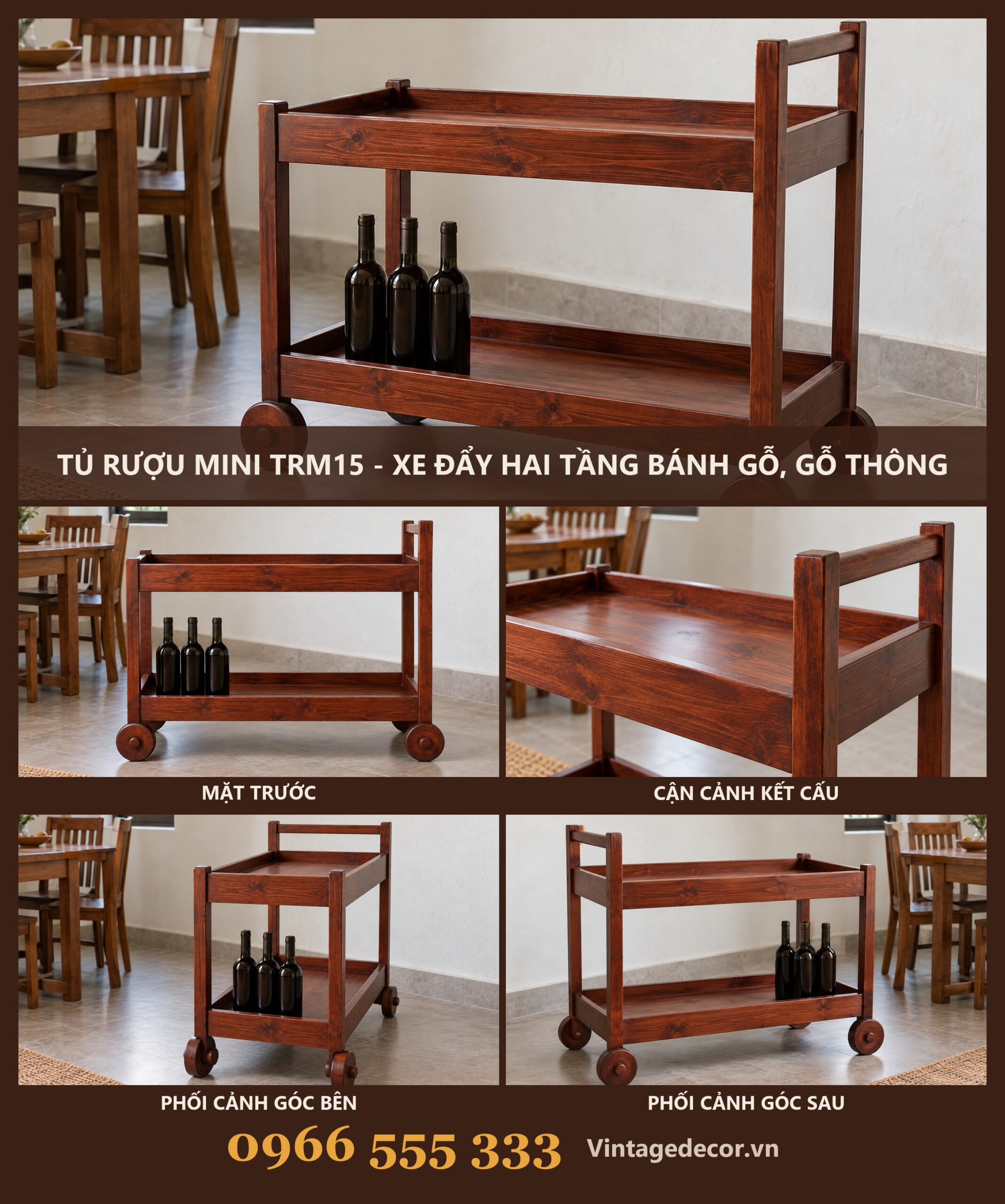 Tủ Rượu Mini TRM15 - Xe Đẩy Hai Tầng Bánh Gỗ, Gỗ Thông Tủ Rượu Mini TRM15 - Xe Đẩy Hai Tầng Bánh Gỗ, Gỗ Thông