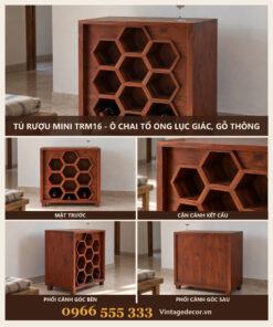 Tủ Rượu Mini TRM16 - Ô Chai Tổ Ong Lục Giác, Gỗ Thông