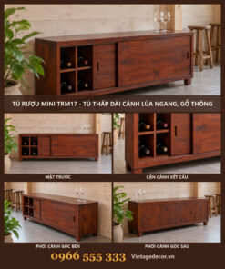 Tủ Rượu Mini TRM17 - Tủ Thấp Dài Cánh Lùa Ngang, Gỗ Thông