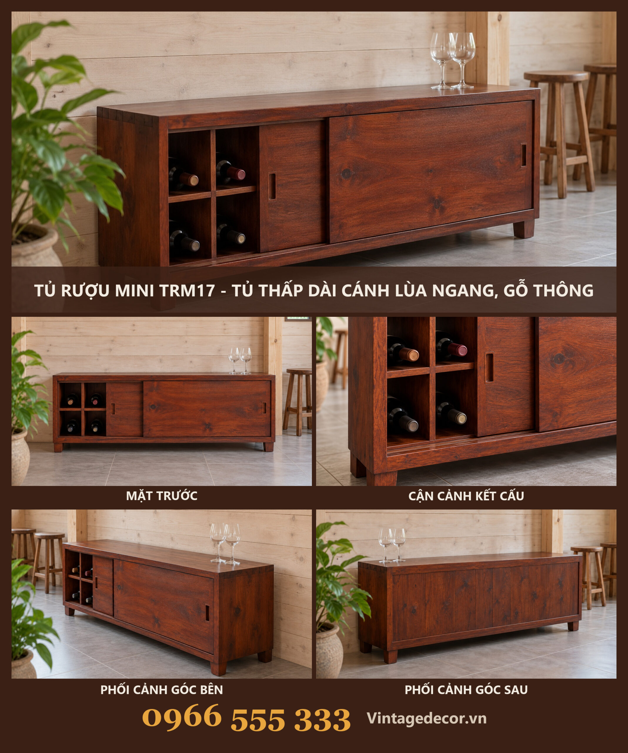 Tủ Rượu Mini TRM17 - Tủ Thấp Dài Cánh Lùa Ngang, Gỗ Thông Tủ Rượu Mini TRM17 - Tủ Thấp Dài Cánh Lùa Ngang, Gỗ Thông