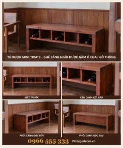 Tủ Rượu Mini TRM19 - Ghế Băng Ngồi Được Gầm Ô Chai, Gỗ Thông