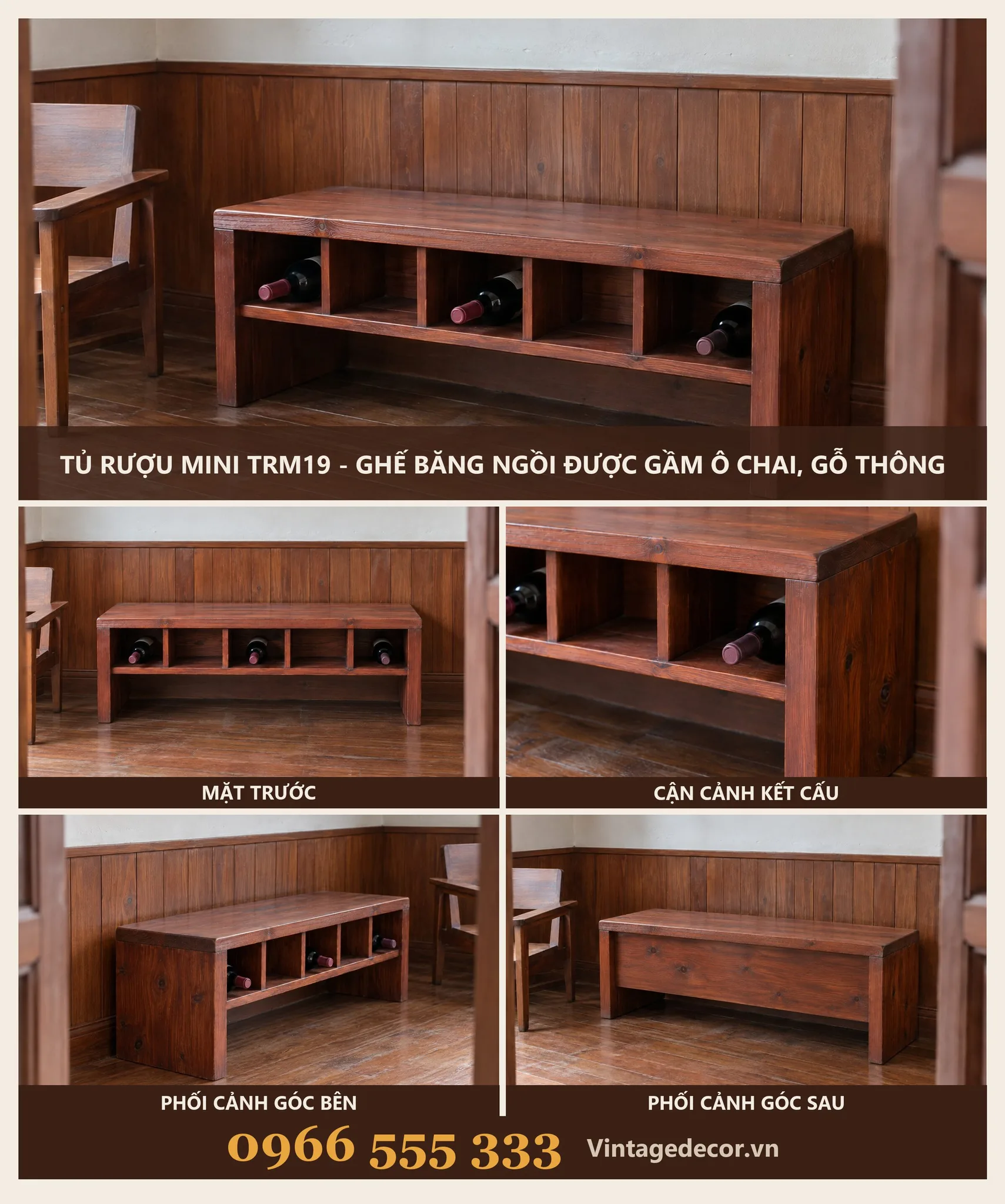 Tủ Rượu Mini TRM19 Ghế Băng Gầm Ô Chai