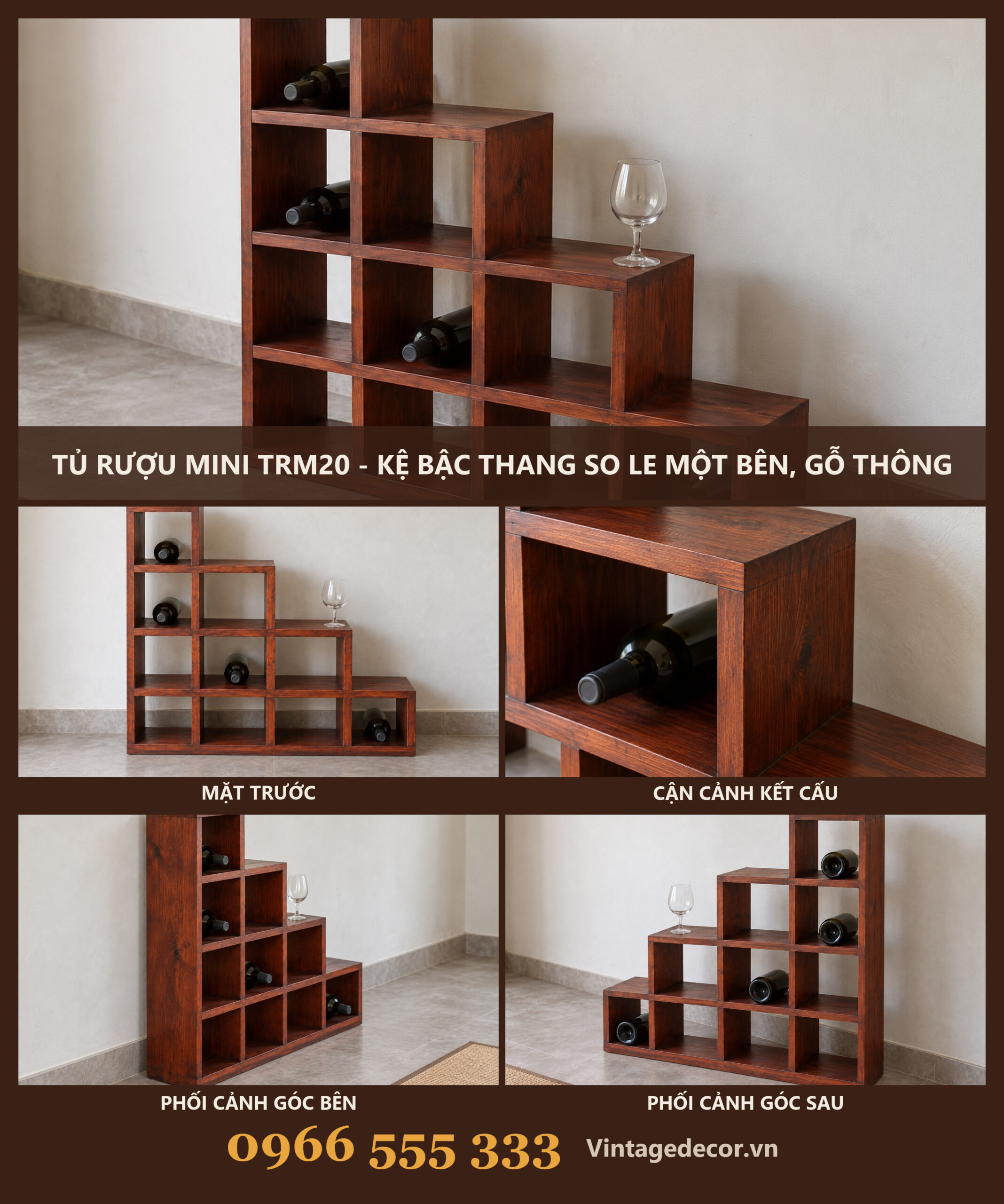 Tủ Rượu Mini TRM20 - Kệ Bậc Thang So Le Một Bên, Gỗ Thông Tủ Rượu Mini TRM20 - Kệ Bậc Thang So Le Một Bên, Gỗ Thông