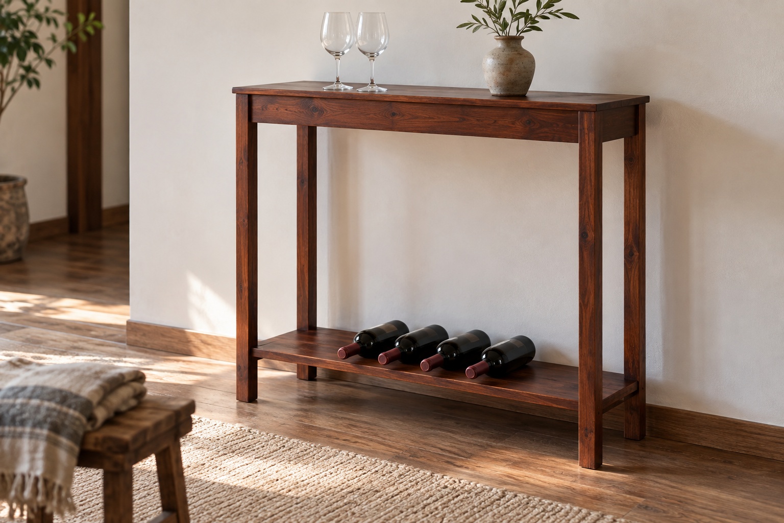 Tủ Rượu Mini TRM21 - Bàn Console Chân Cao Kệ Chai Dưới, Gỗ Thông Tủ Rượu Mini TRM21 - Bàn Console Chân Cao Kệ Chai Dưới, Gỗ Thông