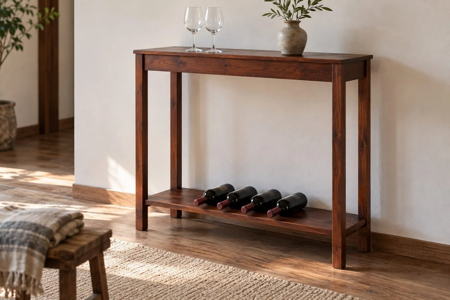 Bàn console gỗ chân cao kê sát tường, mặt trên đặt ly và chậu cây, tầng dưới xếp một hàng chai nằm