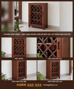 Tủ Rượu Mini TRM27 - Một Cánh Khung Lưới Gỗ Mắt Cáo, Gỗ Thông Màu Nâu Đỏ