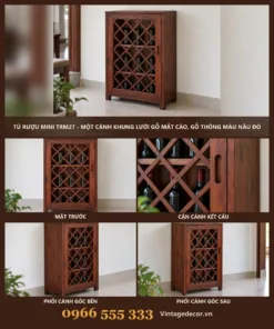Tủ Rượu Mini TRM27 - Một Cánh Khung Lưới Gỗ Mắt Cáo, Gỗ Thông Màu Nâu Đỏ
