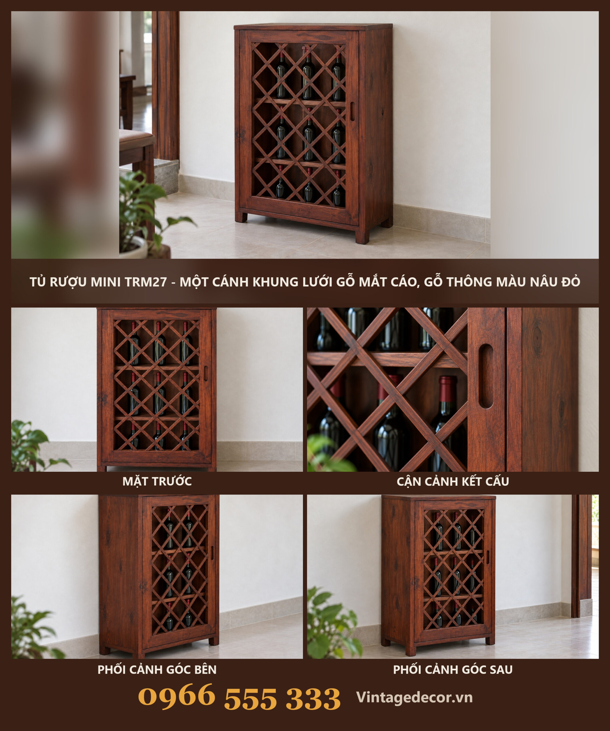 Tủ Rượu Mini TRM27 - Một Cánh Khung Lưới Gỗ Mắt Cáo, Gỗ Thông Màu Nâu Đỏ Tủ Rượu Mini TRM27 - Một Cánh Khung Lưới Gỗ Mắt Cáo, Gỗ Thông Màu Nâu Đỏ