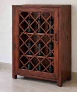 Tủ Rượu Mini TRM27 - Một Cánh Khung Lưới Gỗ Mắt Cáo, Gỗ Thông Màu Nâu Đỏ