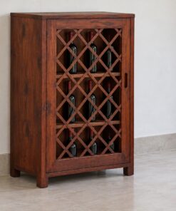 Tủ Rượu Mini TRM27 - Một Cánh Khung Lưới Gỗ Mắt Cáo, Gỗ Thông Màu Nâu Đỏ
