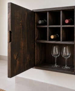Tủ Rượu Mini TRM30 - Treo Tường Một Cánh Kín Bên Trong Ô Chai, Gỗ Thông Màu Gỗ Cháy