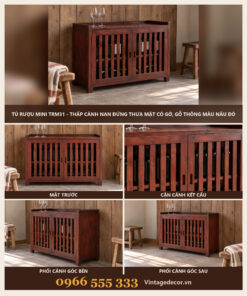 Tủ Rượu Mini TRM31 - Thấp Cánh Nan Đứng Thưa Mặt Có Gờ, Gỗ Thông Màu Nâu Đỏ