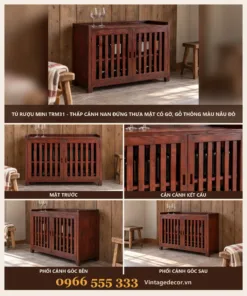 Tủ Rượu Mini TRM31 - Thấp Cánh Nan Đứng Thưa Mặt Có Gờ, Gỗ Thông Màu Nâu Đỏ