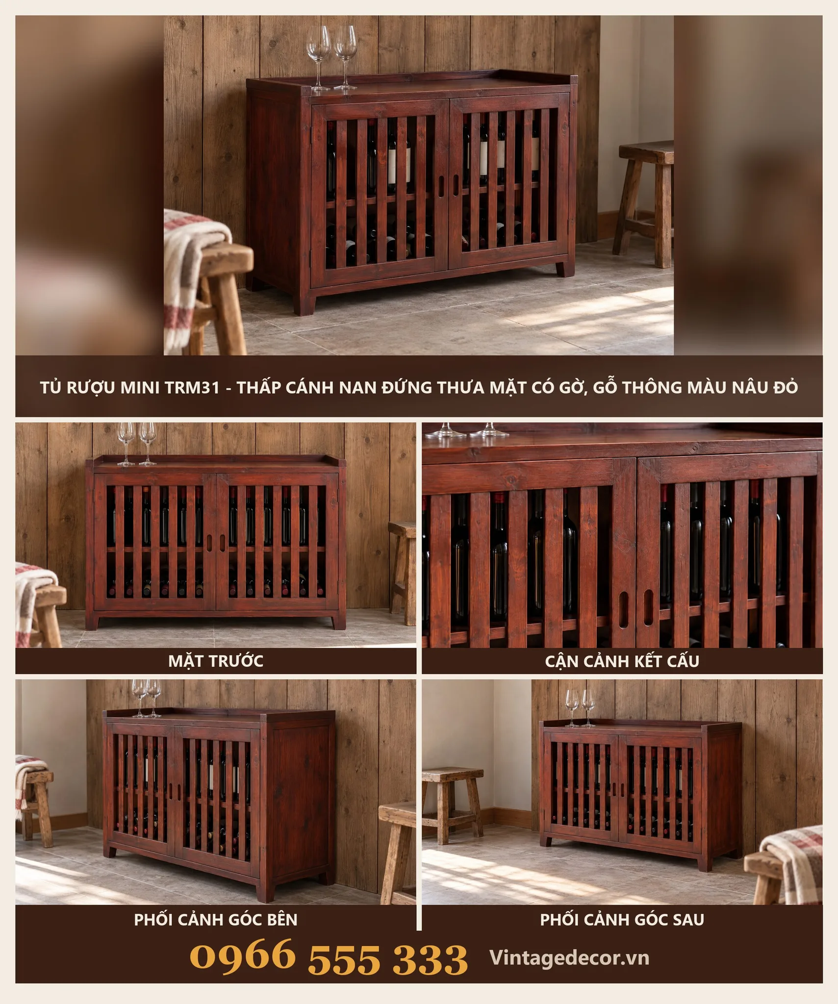 Tủ Rượu Mini TRM31 Thấp Cánh Nan Đứng Thưa