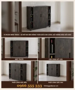 Tủ Rượu Mini TRM34 - Kệ Mở Hai Bên Hông Thân Giữa Hai Cánh, Gỗ Thông Màu Gỗ Cháy
